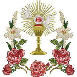 Embroidery Design Consecrated Hostia Cup With Lily And Roses Frame