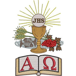 Embroidery Design Consecrated Host, Fish, Grapes And Wheat With Bible