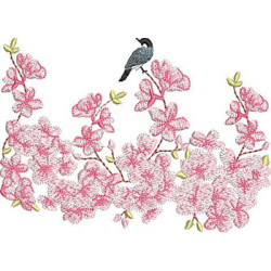 Matriz De Bordado Jardim Cerejeiras Com Pássaro