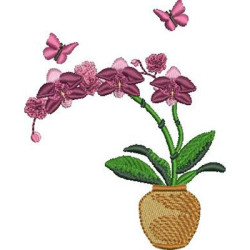 Embroidery Design Orchid In Vase With Butterflies