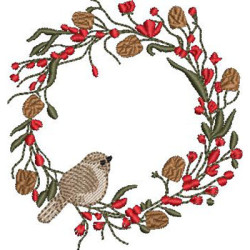 Embroidery Design Christmas Wreath With Pinecones And Bird