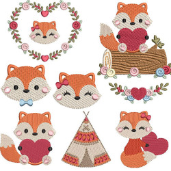 Embroidery Design Foxes Package & Hearts